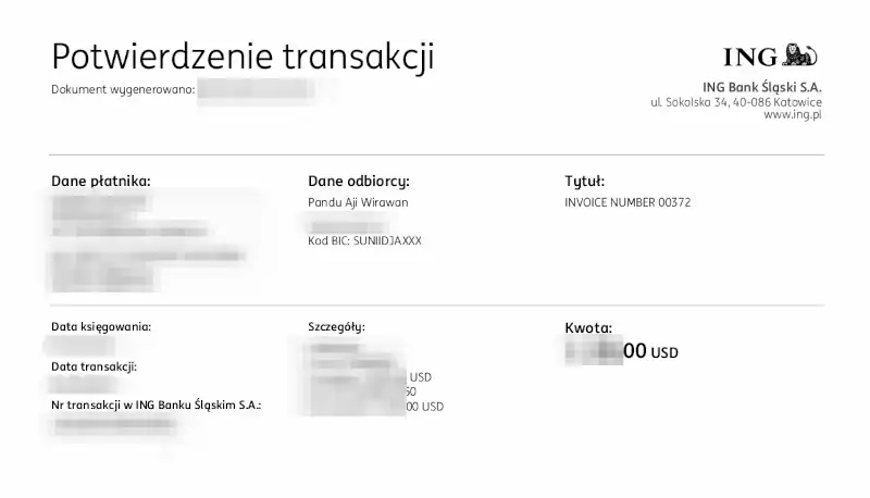 Bukti Transfer dari ING Bank Śląski Polandia